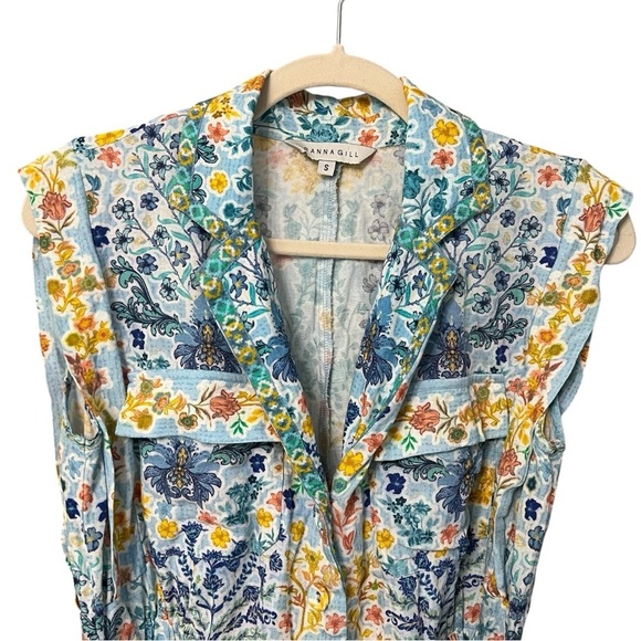 Rana Gill Anthropologie Linen Sleeveless Belted Romper Blue Multi Small Beach - Picture 4 of 7